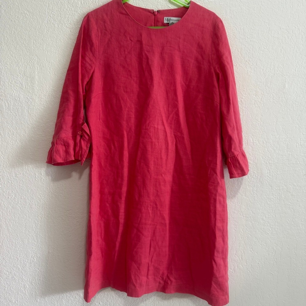 NM Neiman Marcus Linen Sheath Dress Coral Pink Ruffle Sleeve Knee Length S